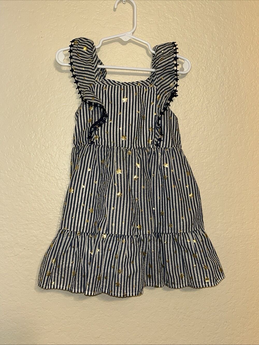Cat and jack  Toddler Girls Dress 3T Navy Striped Gold Stars Flutter Sleeve